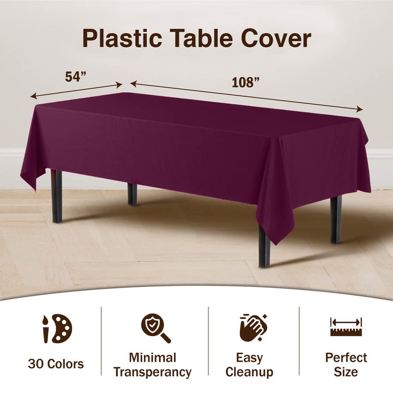 Party Solids 6-Pack Premium Plastic Tablecloth 54in. x 108in. Rectangle Plastic Table Cover - Plum - Image 3